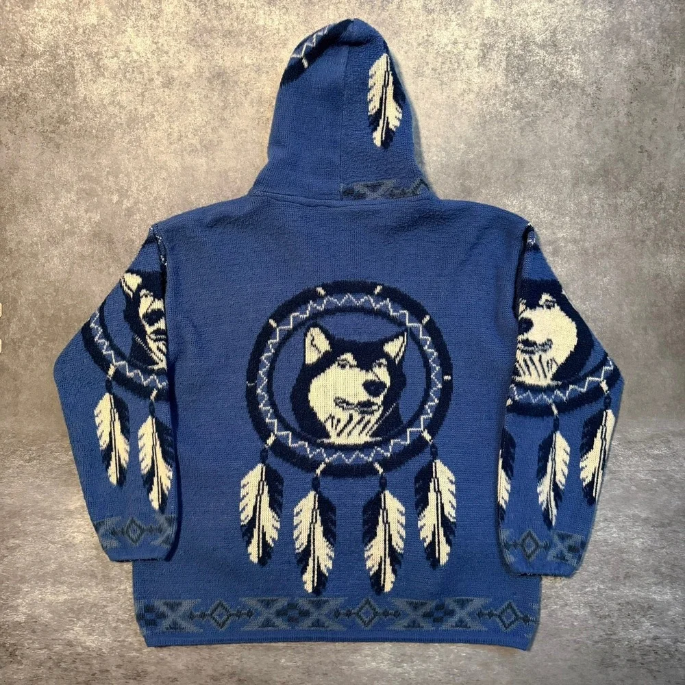 VTG Wool Wolf Dreamcatcher Zip Up Hoodie‎ Native American Blue Mens XL Ecuador